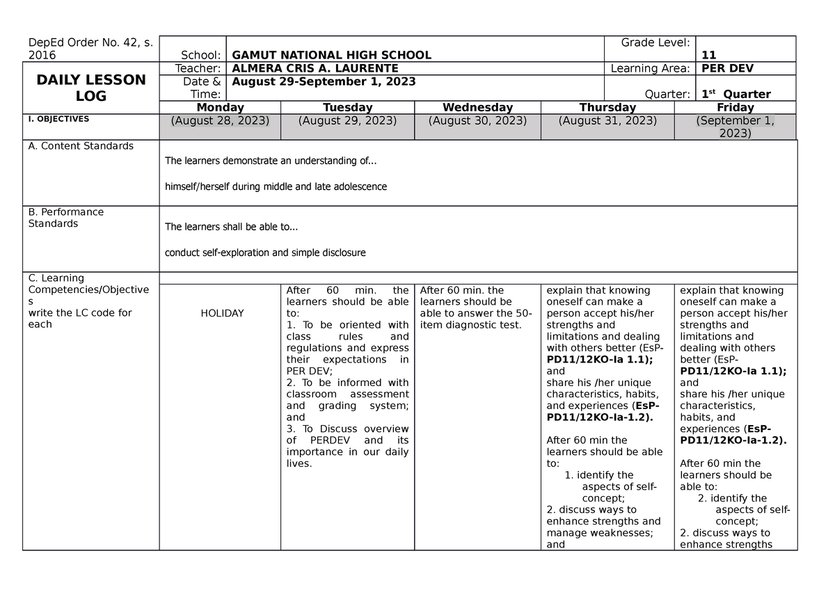 Perdev WEEK 1 DLL - more information - DepEd Order No. 42, s. 2016 ...