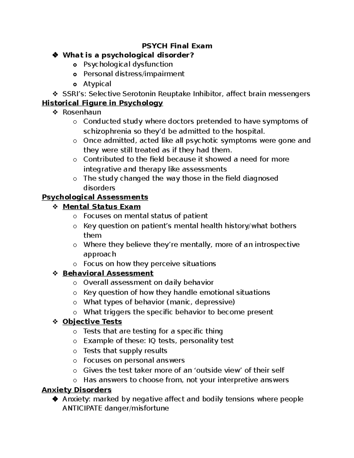 Psych Final Exam Review - PSYCH Final Exam What Is A Psychological ...