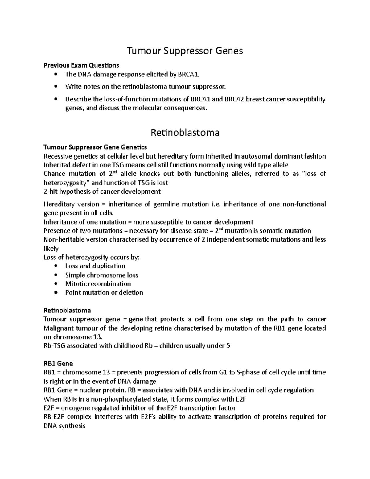 6 Retinoblastoma and BRCA 12 Tumour Suppressor Genes Previous Exam