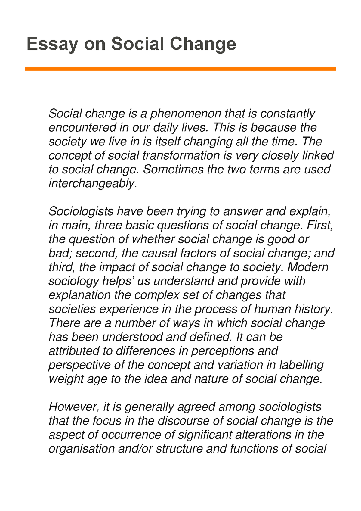 write a discussion essay about an example of social change
