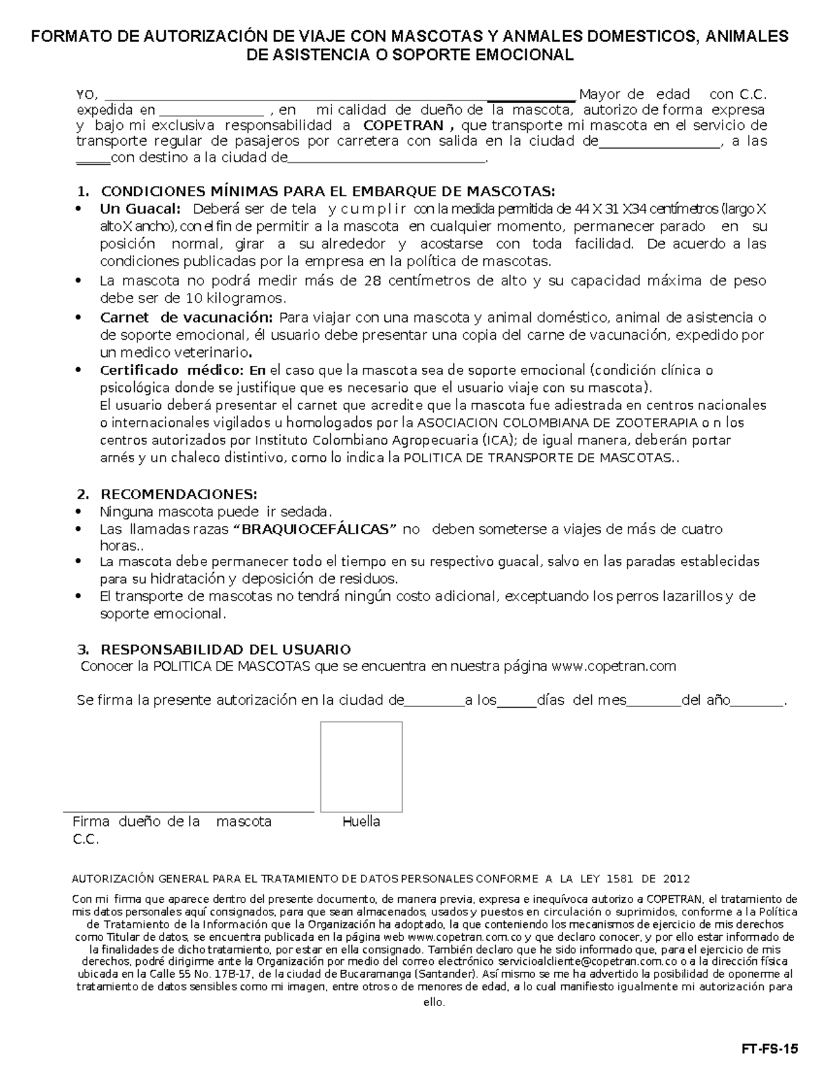 Formato Viaje CON Mascotas 2022 1 1 - FORMATO DE AUTORIZACIÓN DE VIAJE