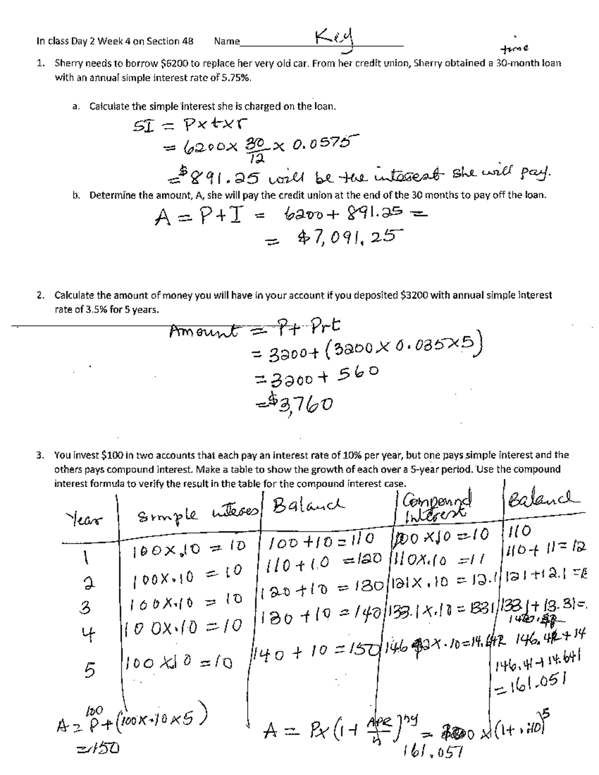 Key For In Class Day 2 Week 4 Section 4B - MATH 105 - Studocu