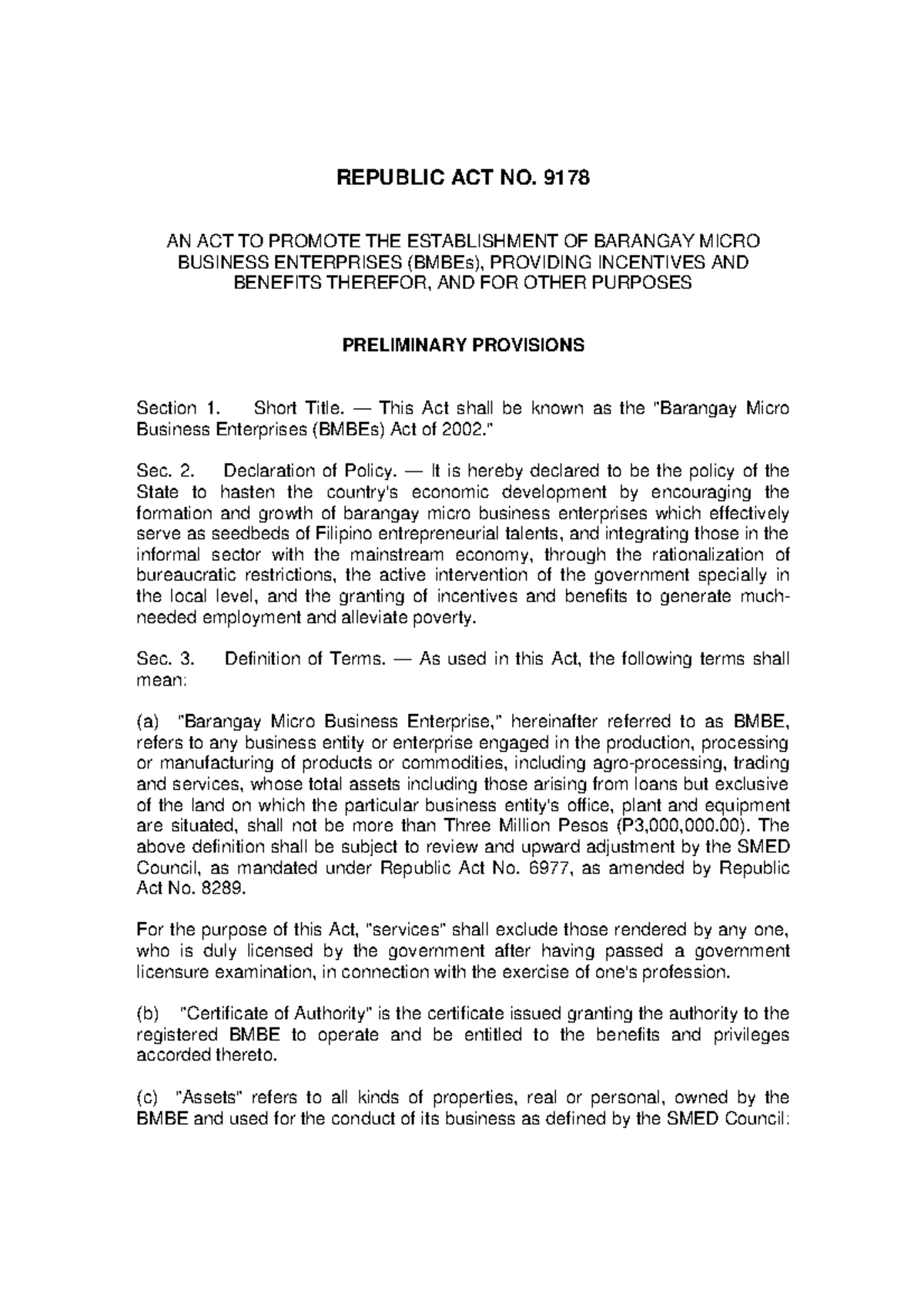 RA 9178 Barangay-Micro-Business-Enterprises-Act-of-2002 - REPUBLIC ACT ...