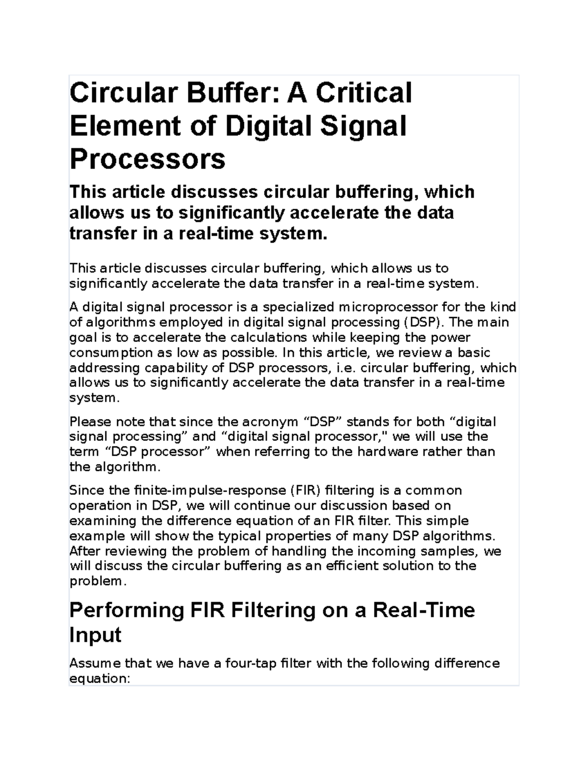 Circular Buffer - This article discusses circular buffering, which ...