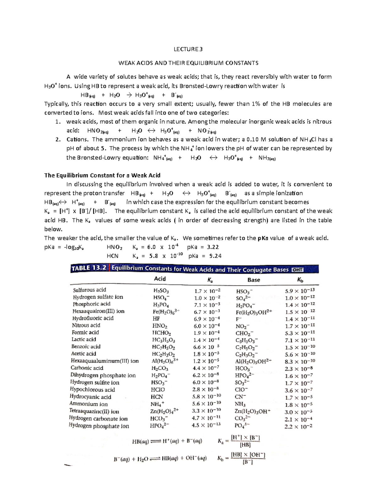 Lecture 3 In Analytical Chem - Lecture 3 Weak Acids And Their 