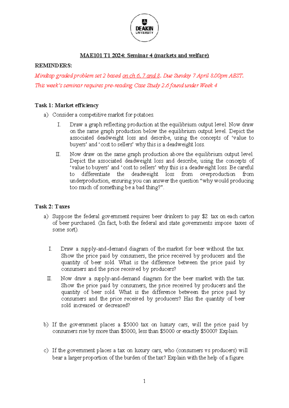 Mae101 seminar 4 - econ - MAE101 T1 2024: Seminar 4 (markets and ...