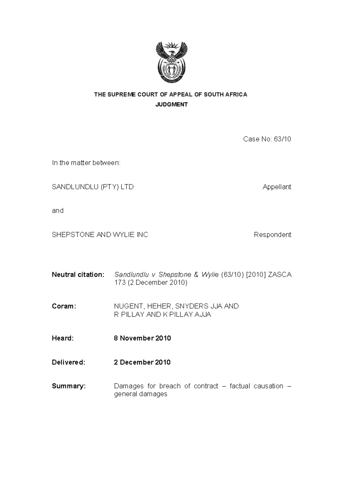 173 - Notes - THE SUPREME COURT OF APPEAL OF SOUTH AFRICA JUDGMENT Case ...