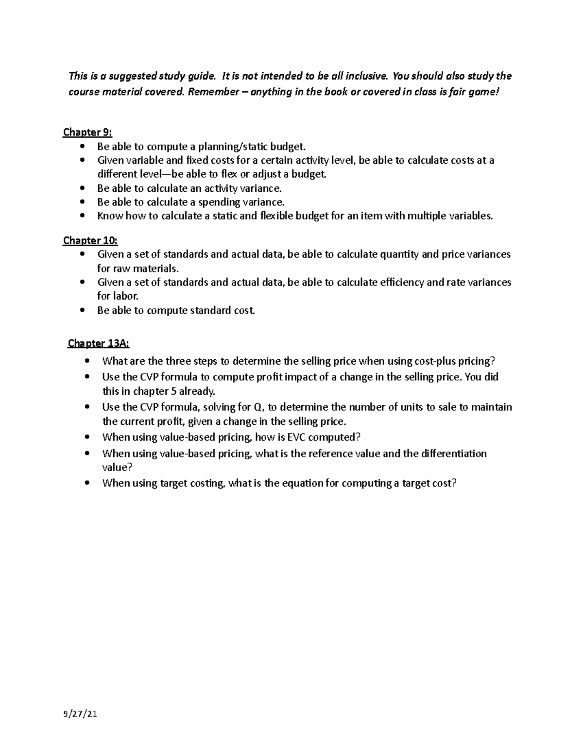 Chapters 9, 10 and Appendix 13A exam study guide-2 - This is a ...
