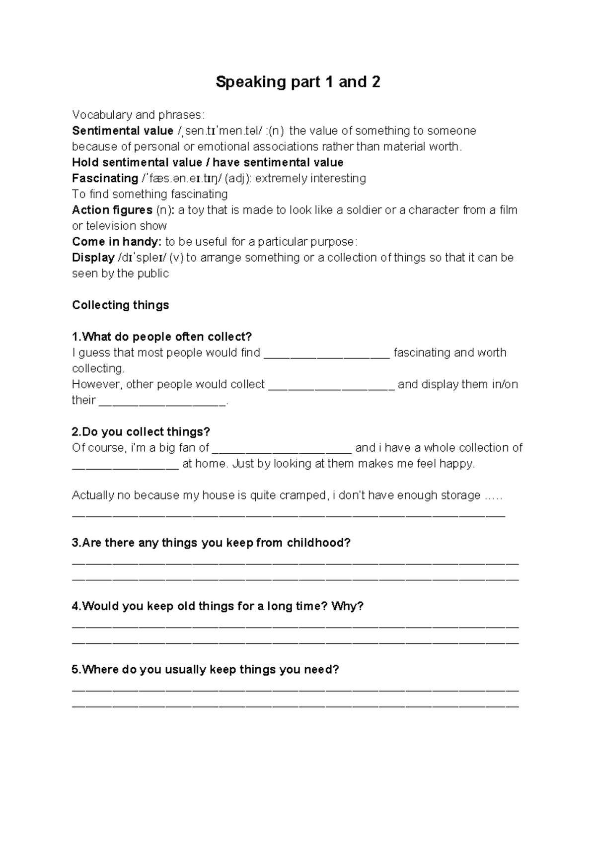 Speaking collecting things bordom Speaking part 1 and 2 Vocabulary