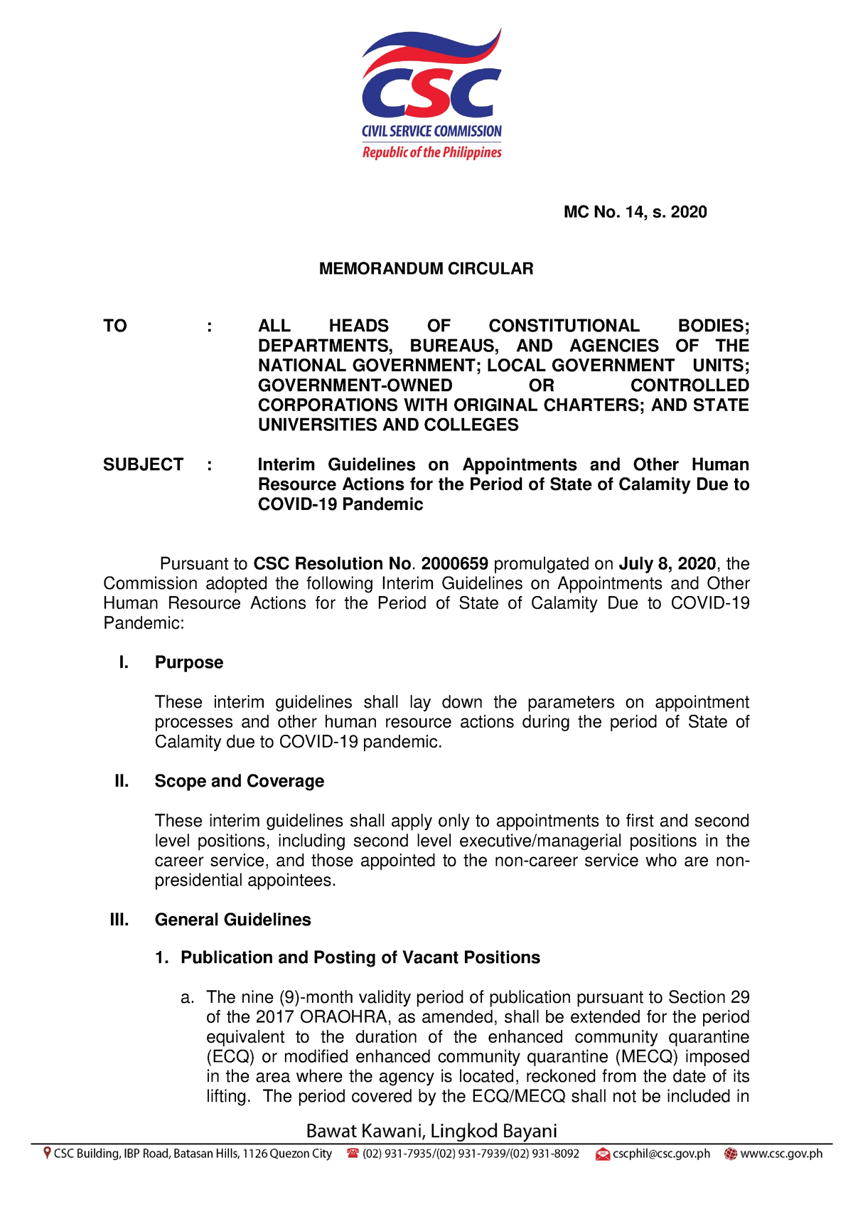 MC No. 14, S. 2020 - Civil Service Commission Memorandum Circular - MC ...