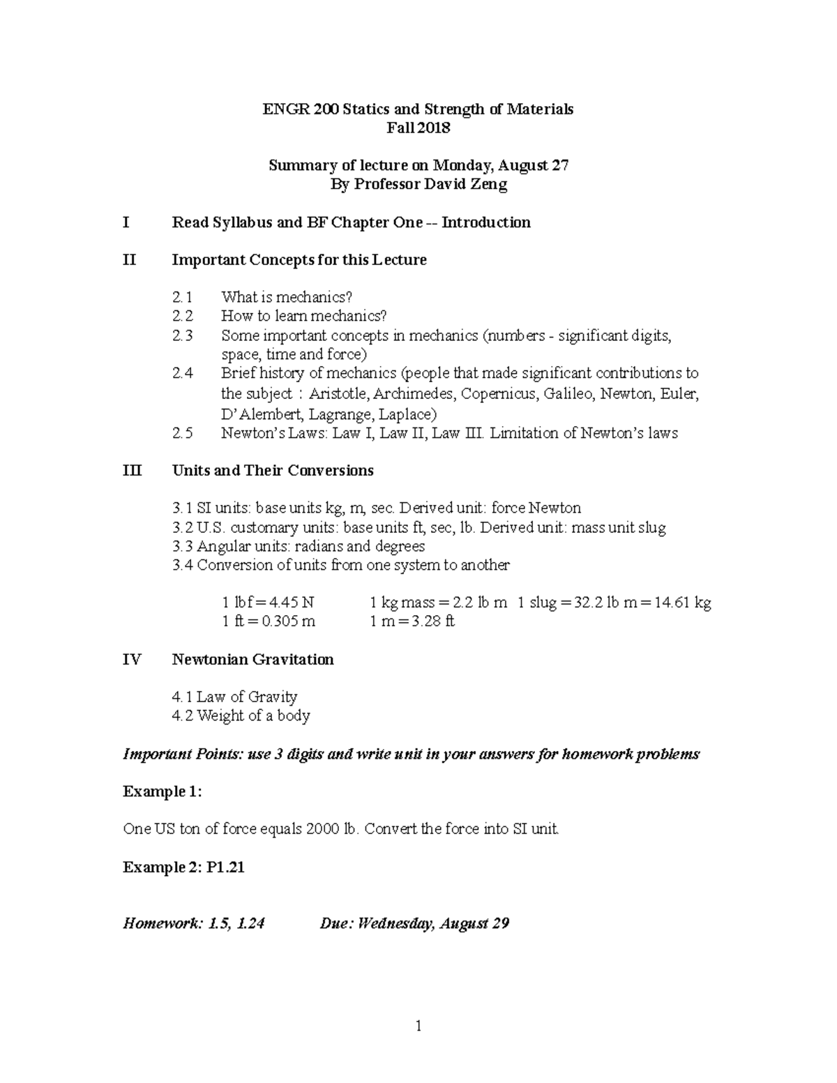 Chap1note1 - Lecture notes 1 - ENGR 200 Statics and Strength of ...