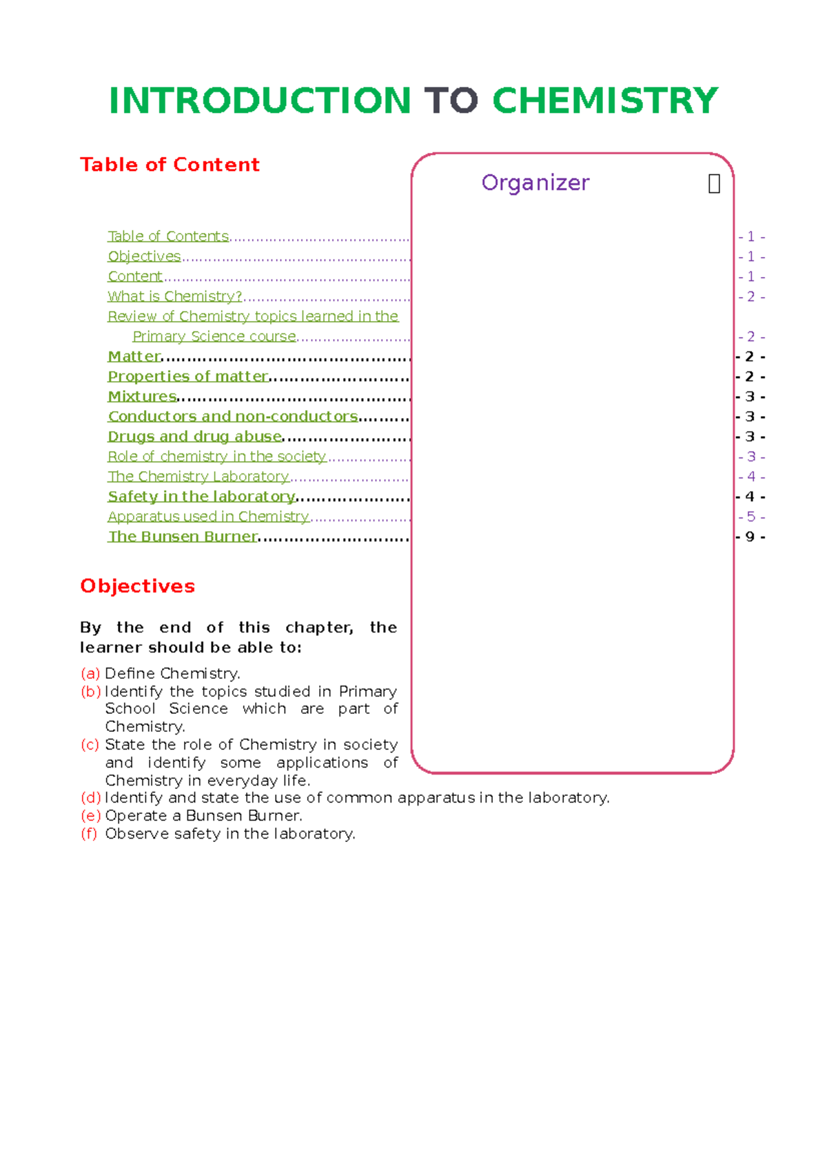 1.1 introduction to chemistry INTRODUCTION TO CHEMISTRY Table of
