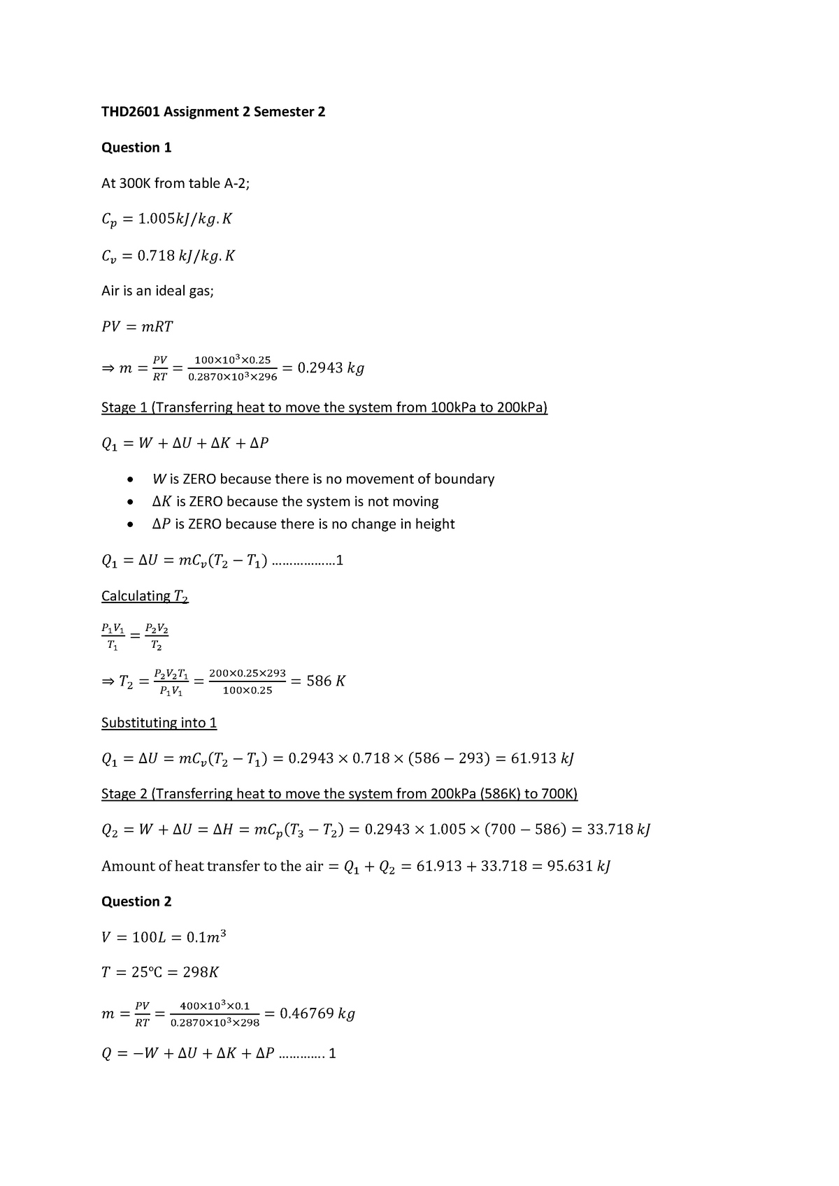 Thermodynamics 201 Assignment 2 Semester 2 - Warning: Tt: Undefined 