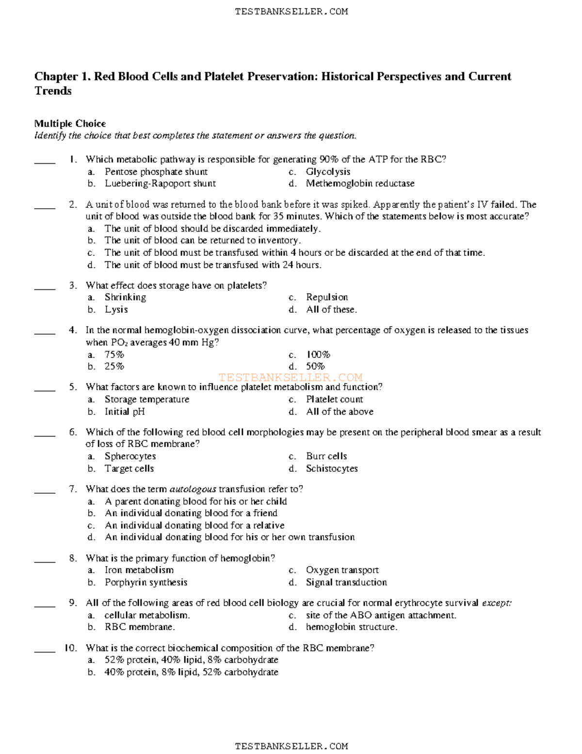 Ch01 Blood bank test T E S T B A N K S E L L E R. C O M Chapter 1