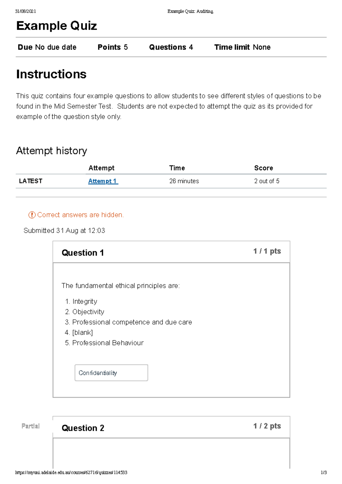 Example Quiz for Midsem - 31/08/2021 Example Quiz: Auditing - StuDocu