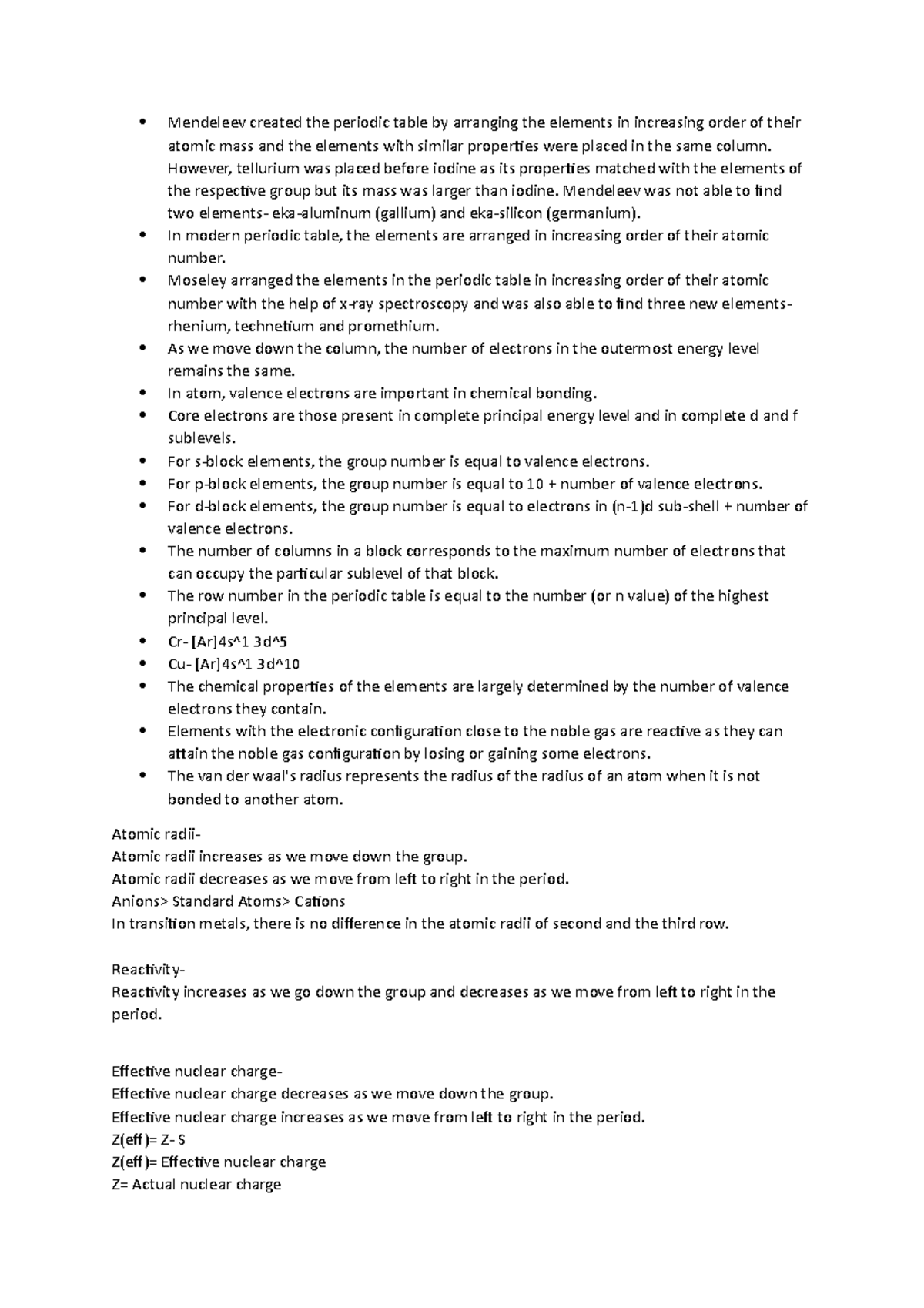 Chapter 8 Chem notes - Mendeleev created the periodic table by ...