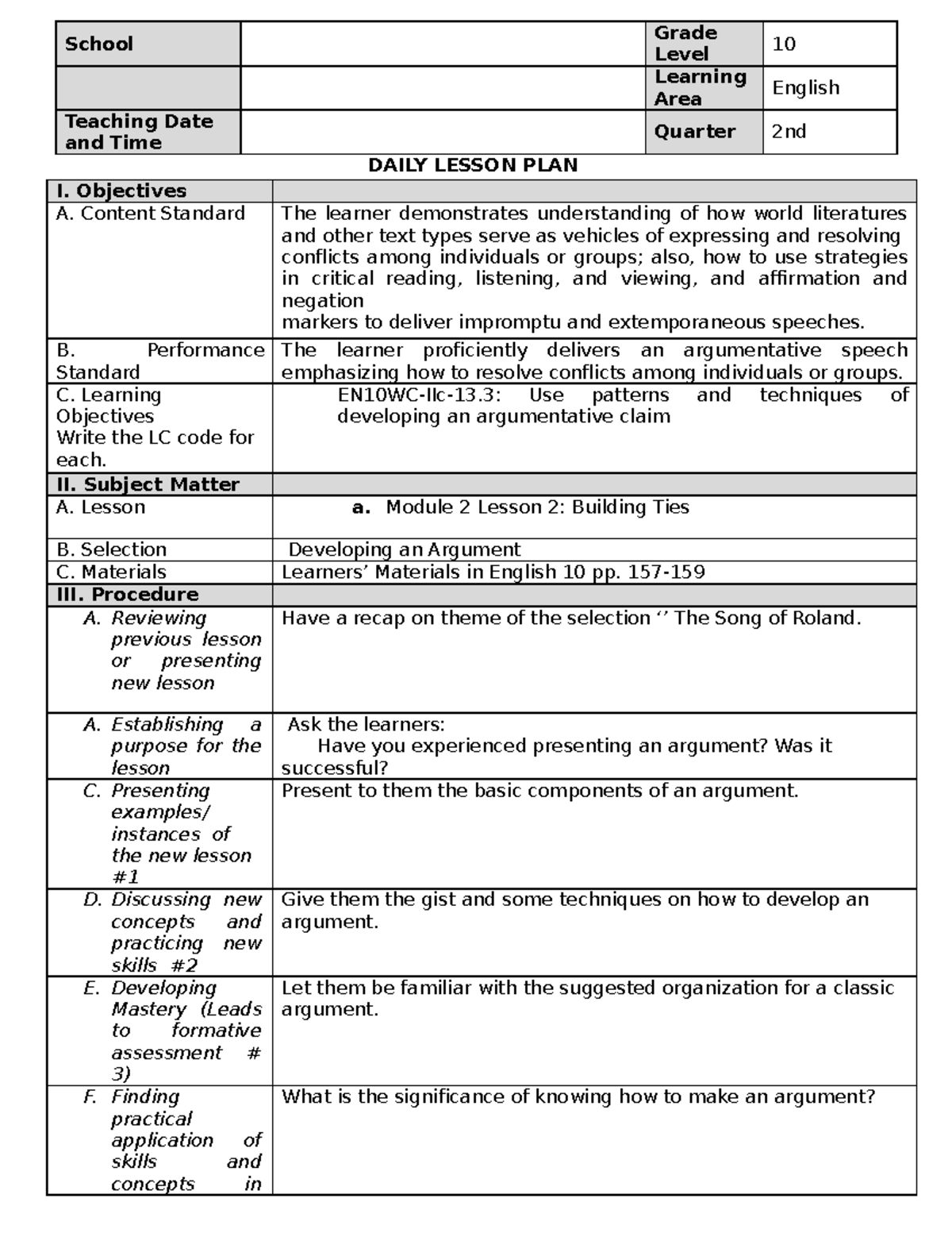 Developing an Argument - School Grade Level 10 Learning Area English ...