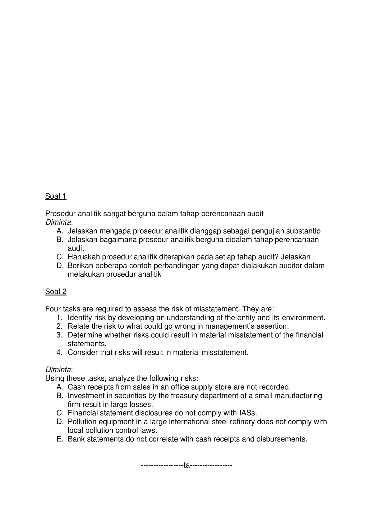 The Answer Of Final Exam Auditing - Soal 1 Prosedur Analitik Sangat ...