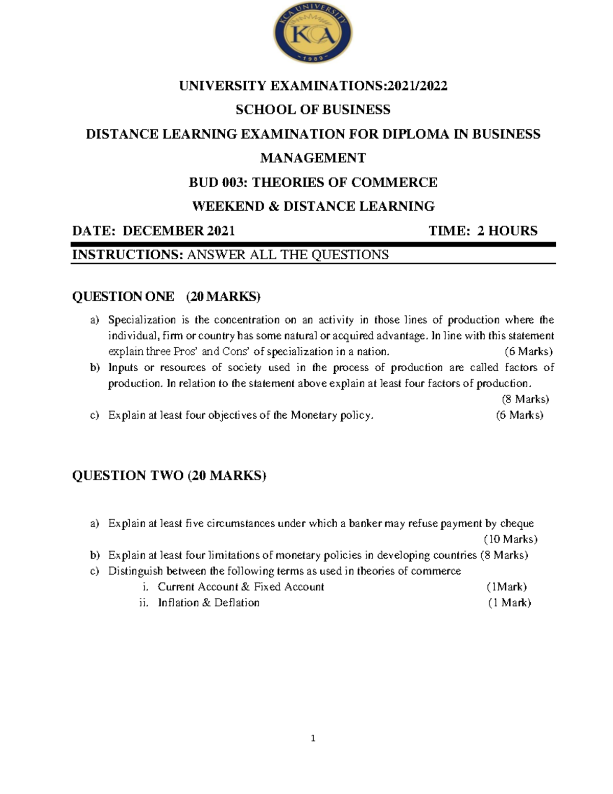 P2 - Theories of commerce - 1 UNIVERSITY EXAMINATIONS:2021/ SCHOOL OF ...