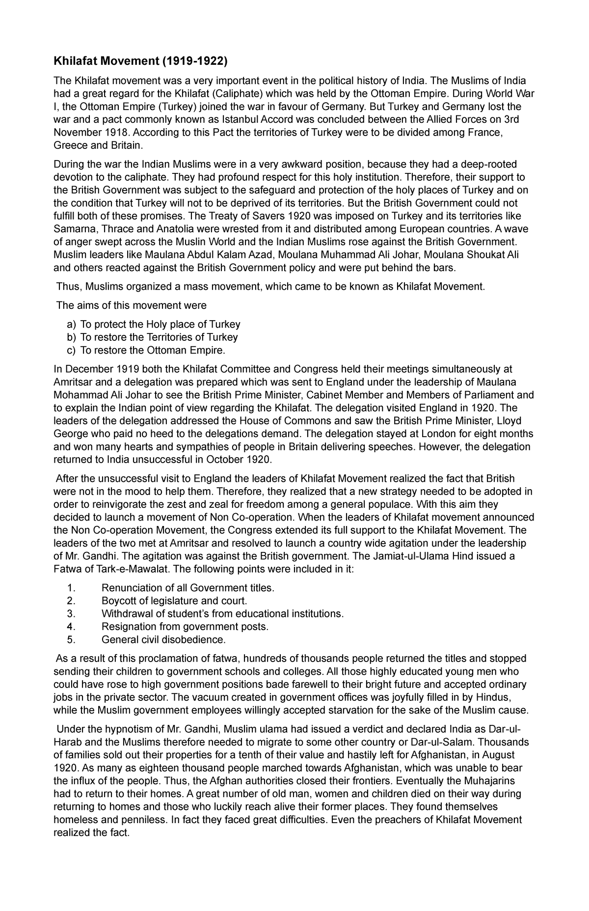 Khilafat movement notes of Pakistan Studies Khilafat Movement (1919