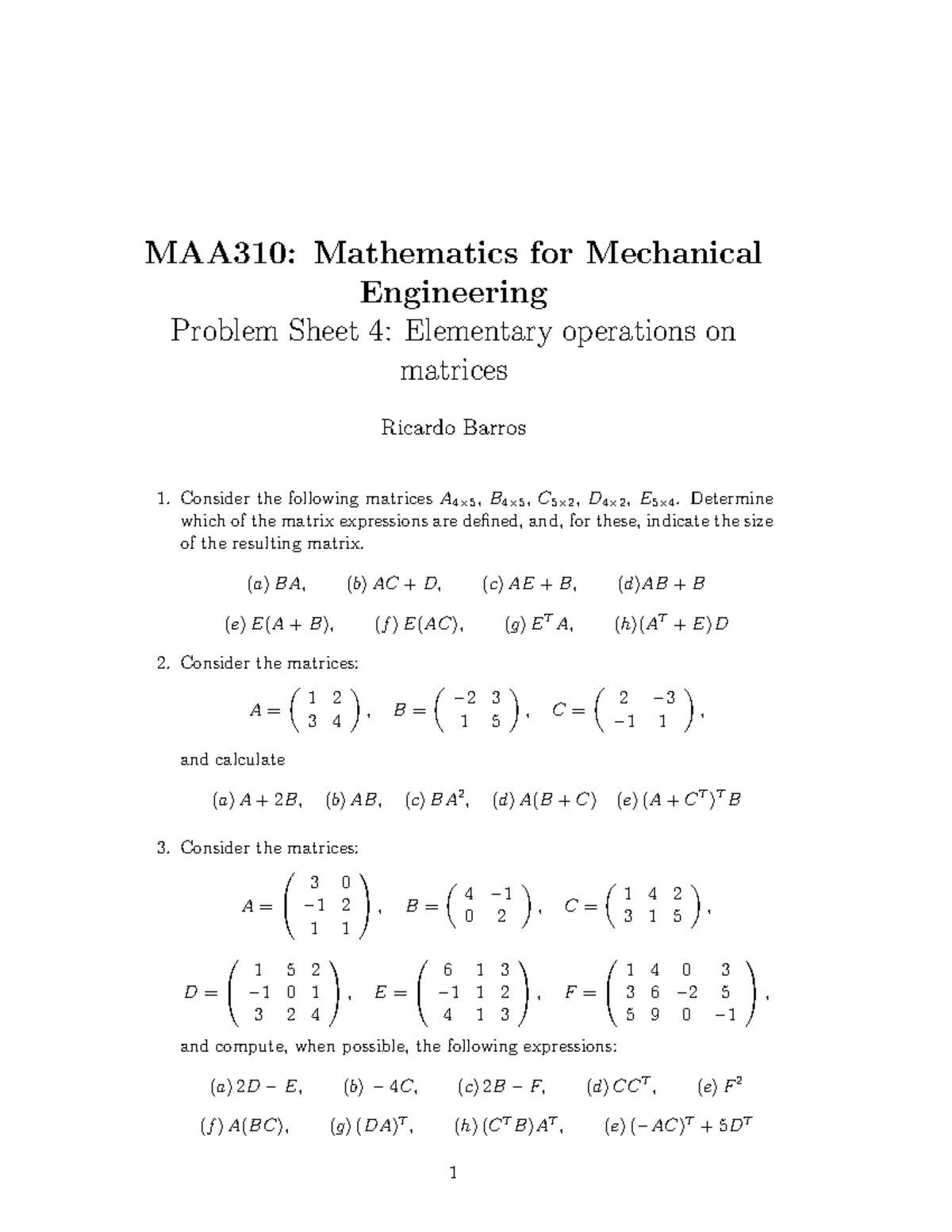 Matrices operations - Practice problems for a tutorial - MAA310 ...
