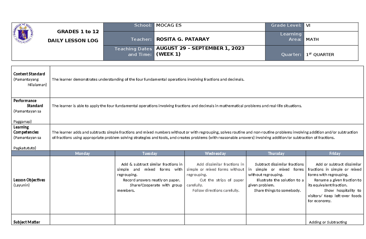 MATH-Q1week1DLL - MATH DLL - GRADES 1 to 12 DAILY LESSON LOG School ...