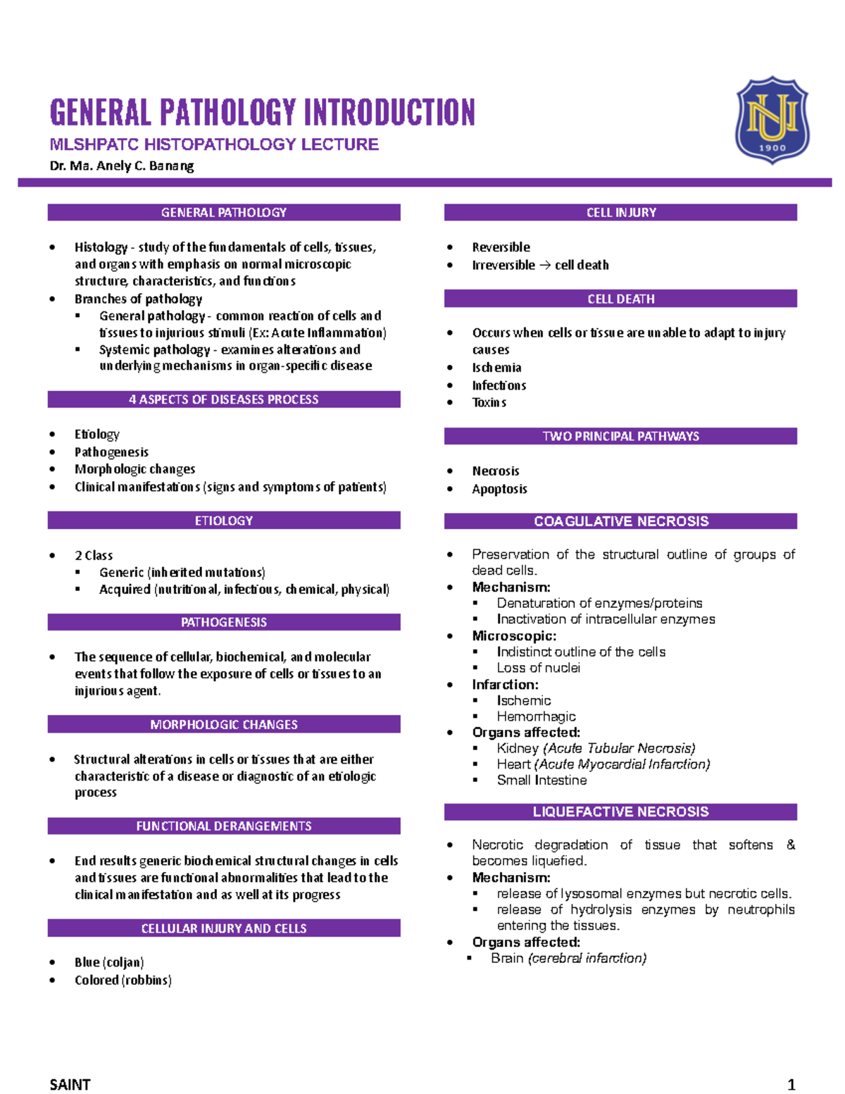 Lesson-1 Histopath - SAINT 1 GENERAL PATHOLOGY INTRODUCTION MLSHPATC ...