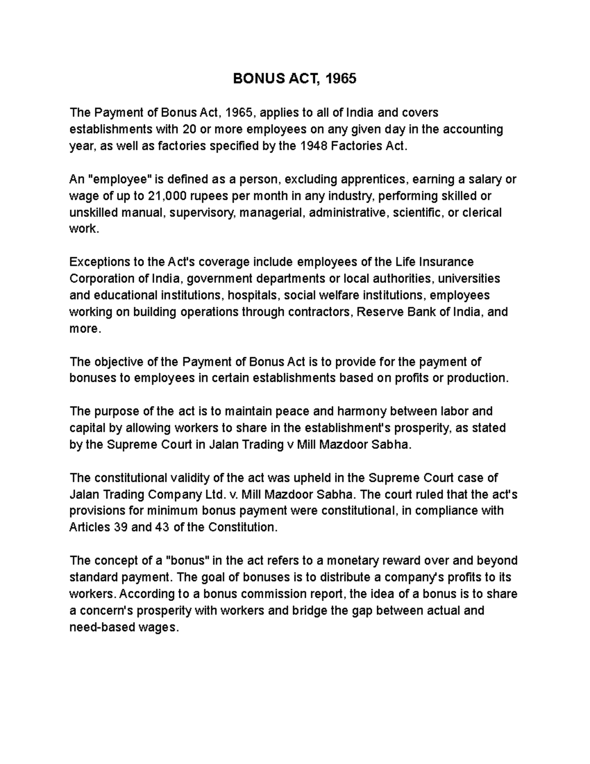 the payment of Bonus act, 1965 BONUS ACT, 1965 The Payment of Bonus