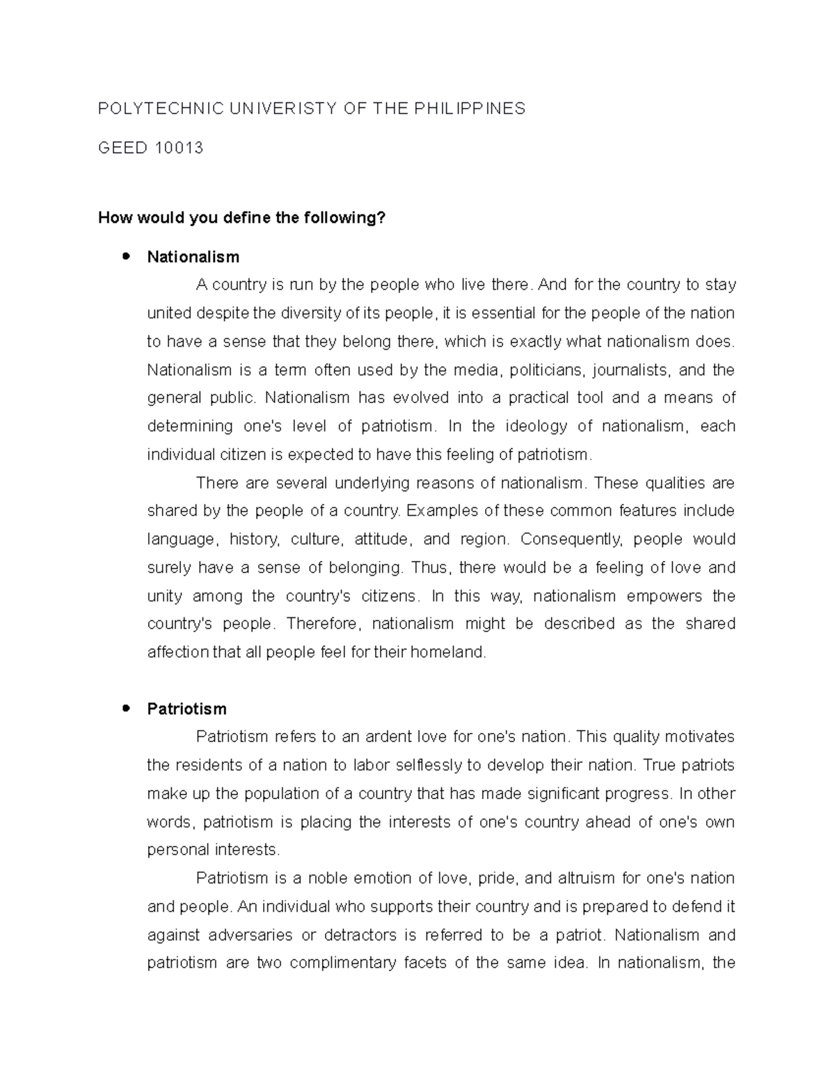 Definition Nationalism POLYTECHNIC UNIVERISTY OF THE PHILIPPINES