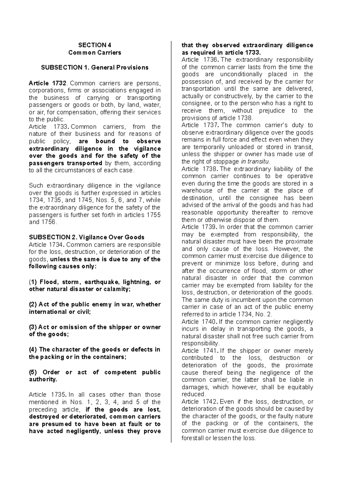 Transportation Law Lecture Notes SECTION 4 Common Carriers