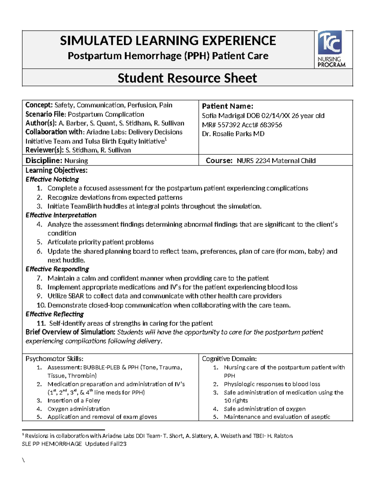 SLE PP Hemorrhage Student Sp24 - SIMULATED LEARNING EXPERIENCE ...