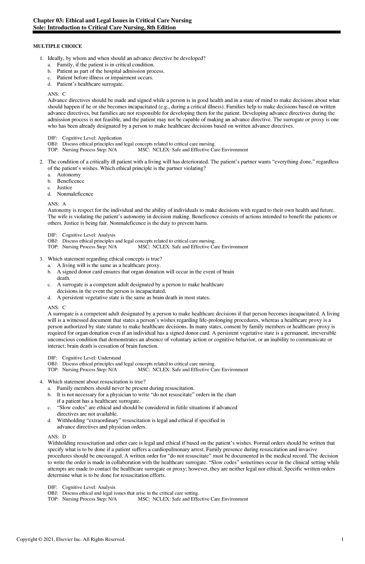 Exam View - Chapter 03 - Critical Care - Chapter 03: Ethical And Legal 