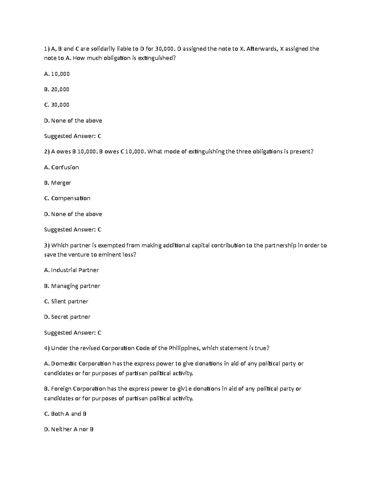 RFBT Review Questions - A, B and C are solidarily liable to D for ...