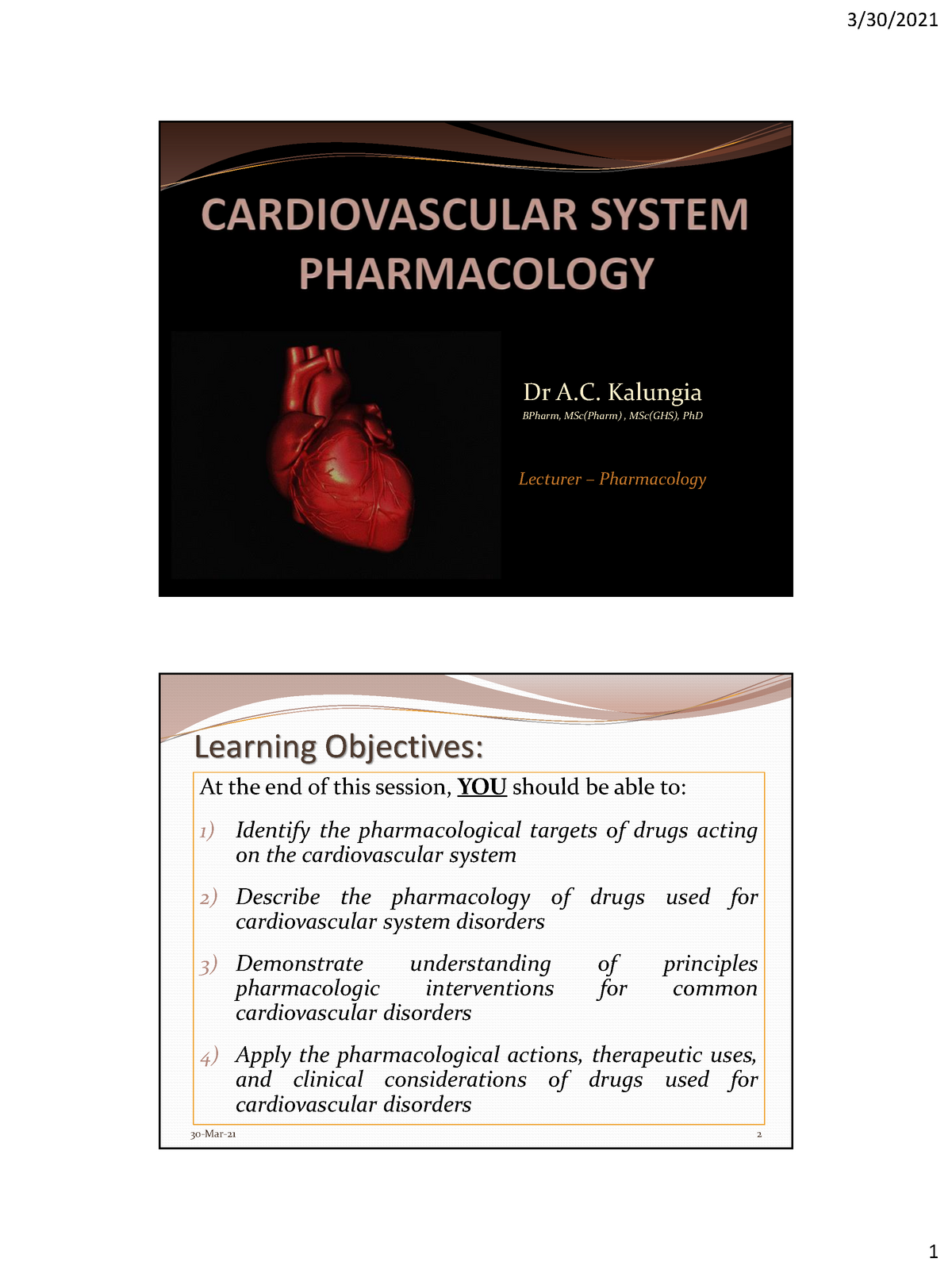 Handout#6- Cardiovascular System Pharmacology Of The Body. - Studocu