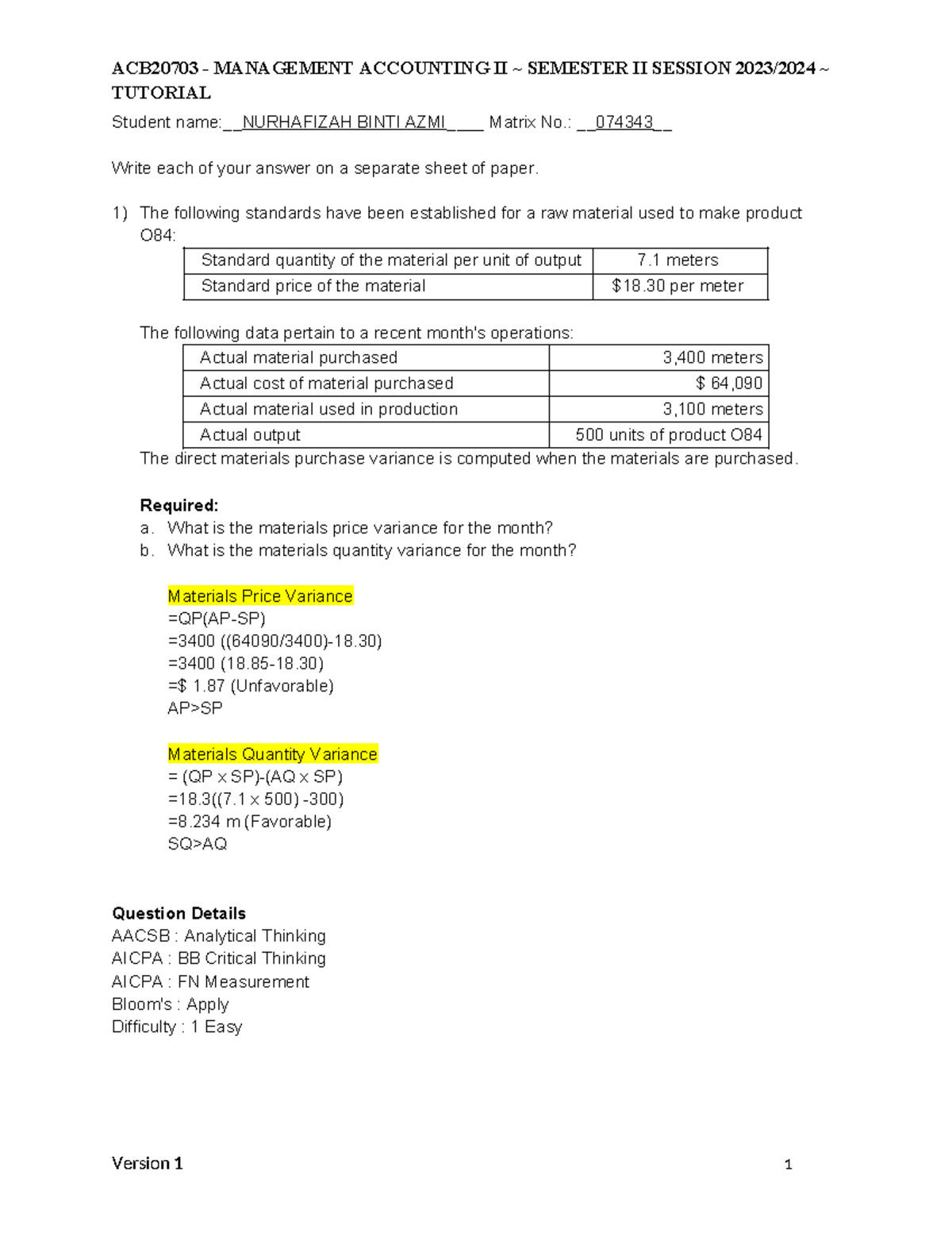Variances Question Answer - ACB20703 - MANAGEMENT ACCOUNTING II ...