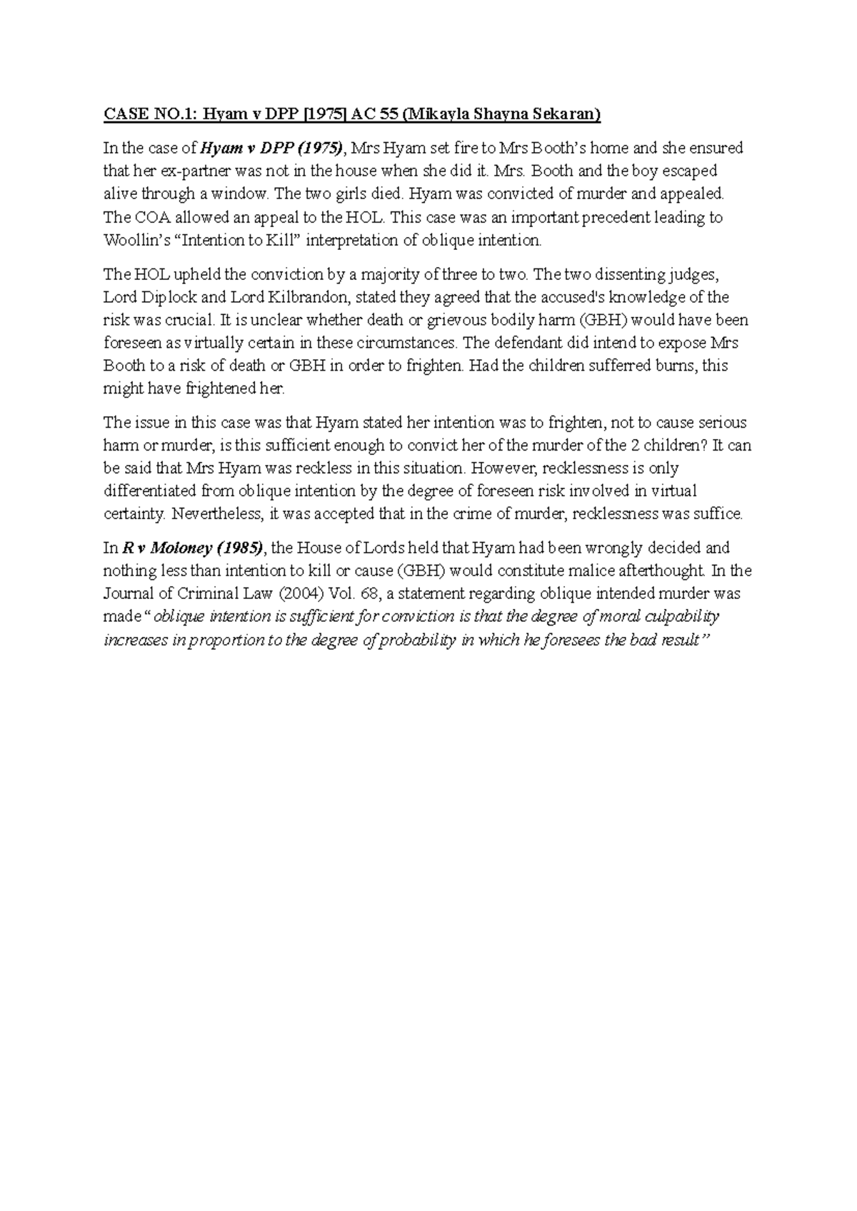 Hyam v DPP 1975 CASE NO Hyam v DPP [1975] AC 55 (Mikayla Shayna