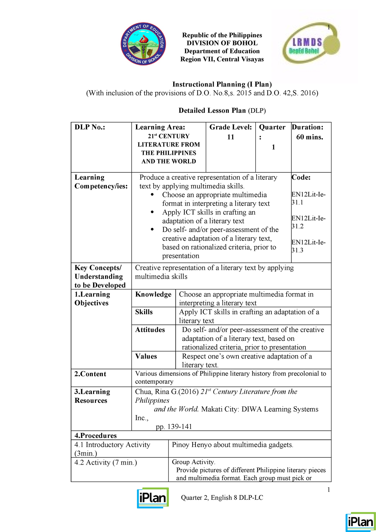 EN12Lit-Ie-31-Q1-DLP No - Republic of the Philippines DIVISION OF BOHOL ...