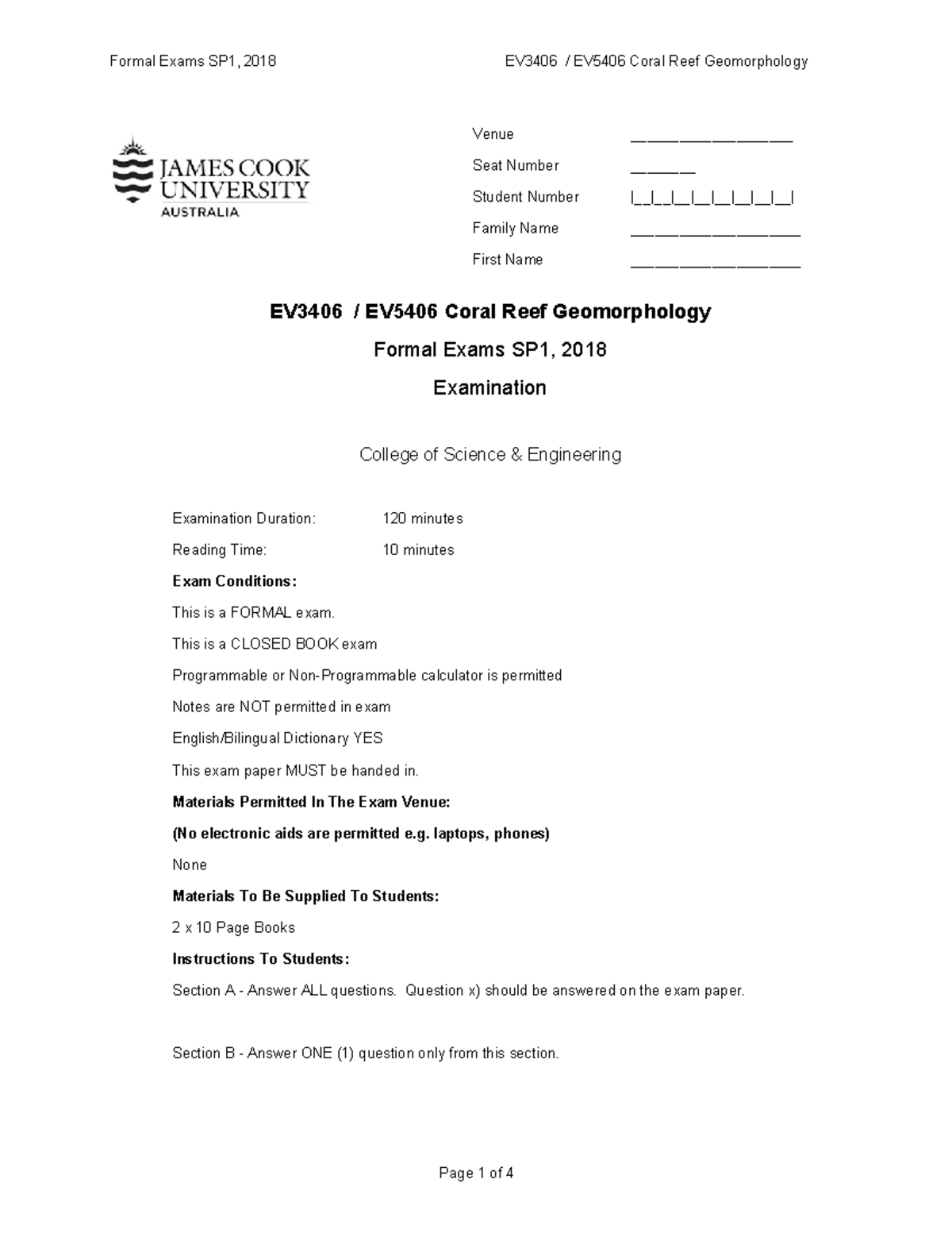 Formal Exams SP1 2018 EV3406 EV5406 651 - EV3406 / EV5406 Coral Reef ...