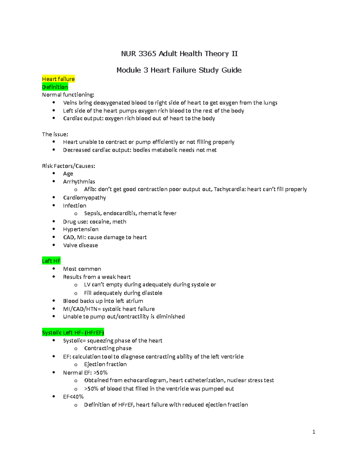 NUR 3365 Module 3 Heart Failure Study Guide - NUR 3365 - Studocu