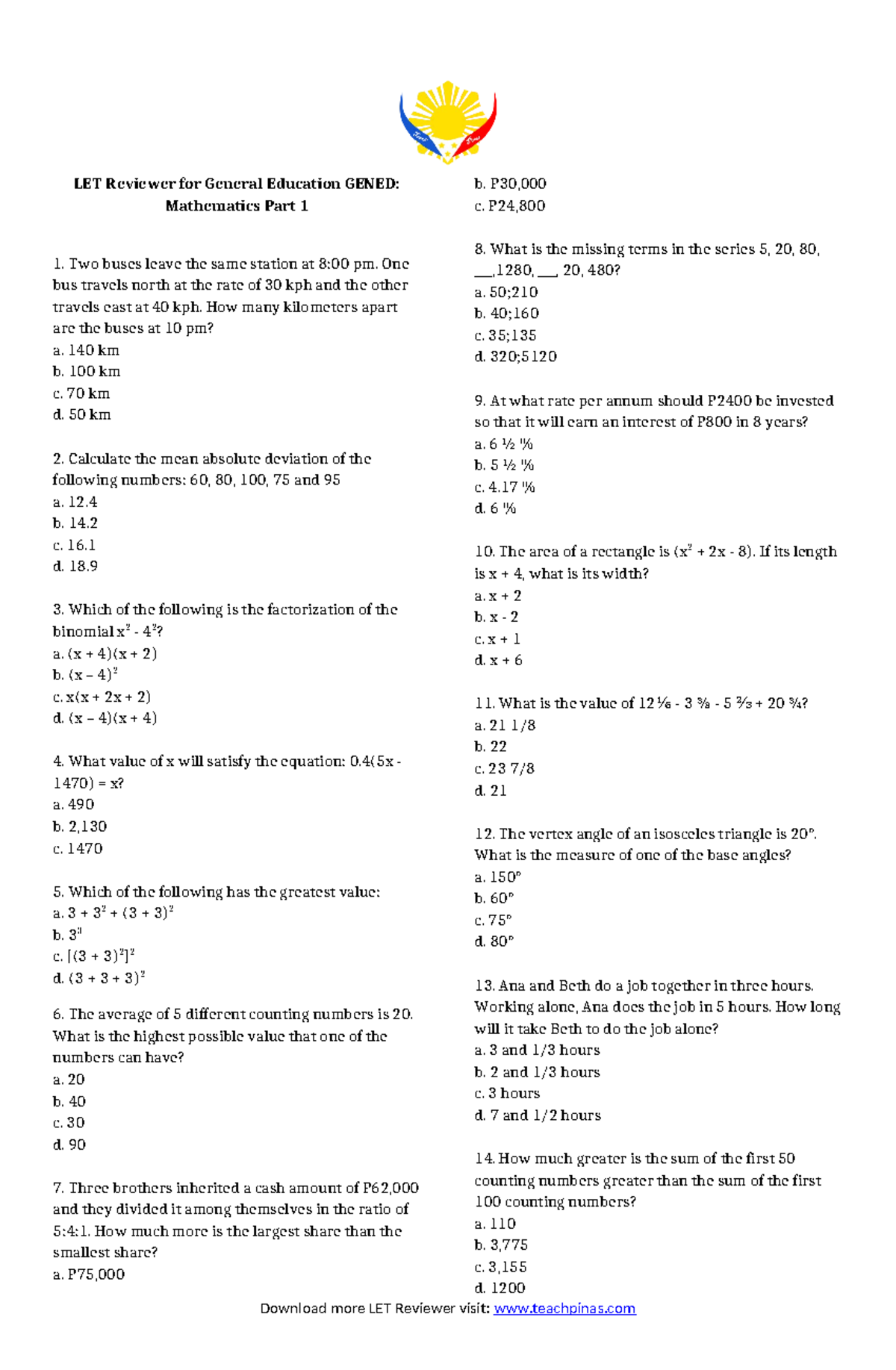 Mathematics PART 1 - This Is A Review For Let Exam - LET Reviewer For General Education GENED ...