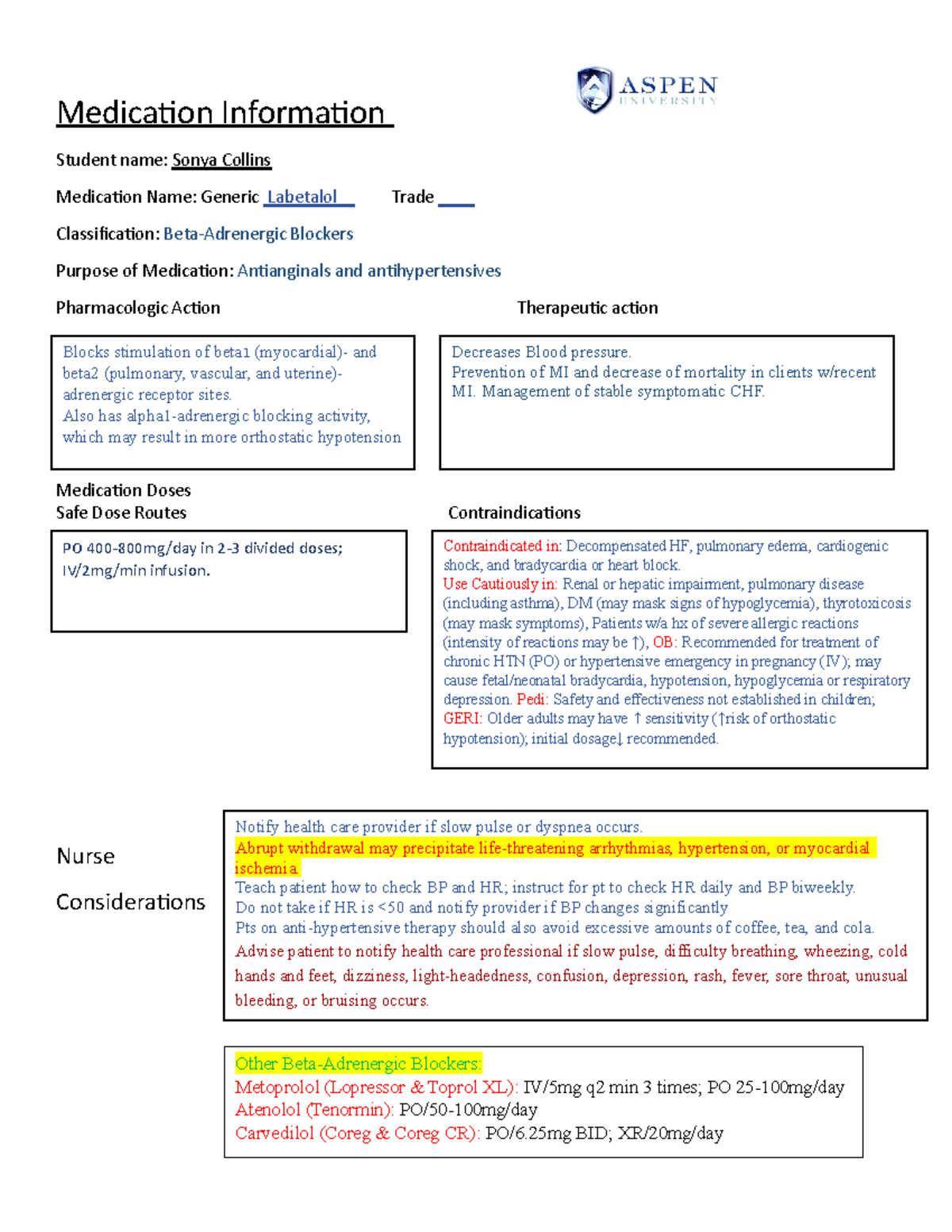 Labetalol Medication sheets Medication Information Student name