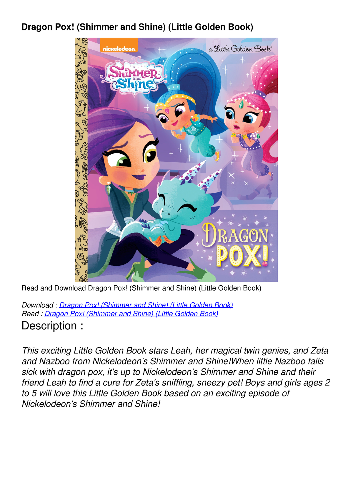 Download Book [PDF] Dragon Pox! (Shimmer and Shine) (Little Golden Book ...