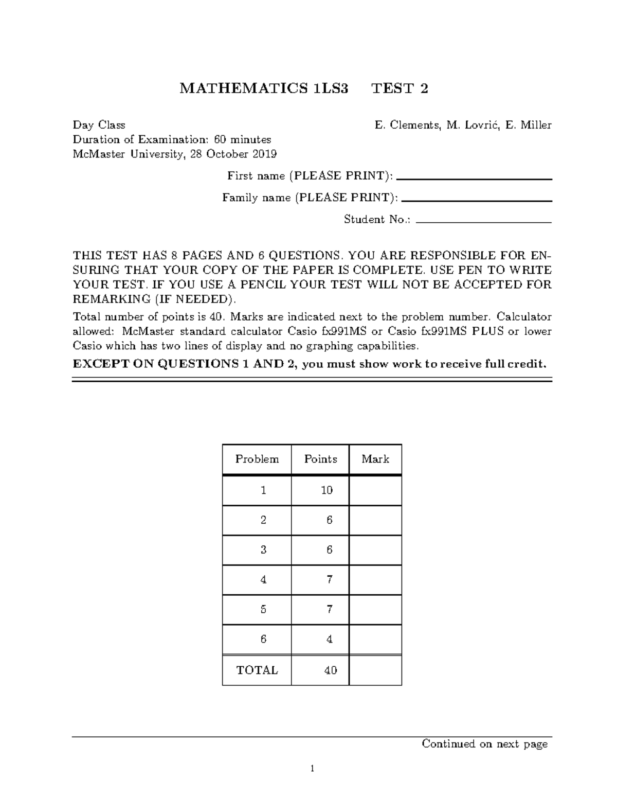 1LS3 F19Test2 Question Booklet - MATHEMATICS 1LS3 TEST 2 Day Class E ...