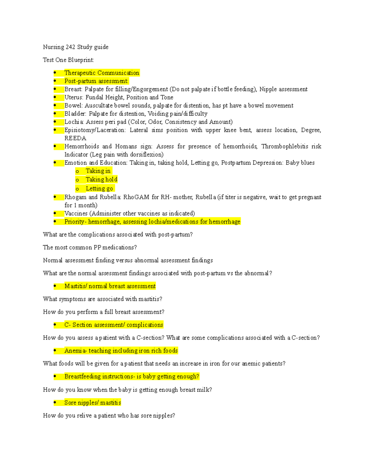 Study Guide for 242 Final - Nursing 242 Study guide Test One Blueprint ...