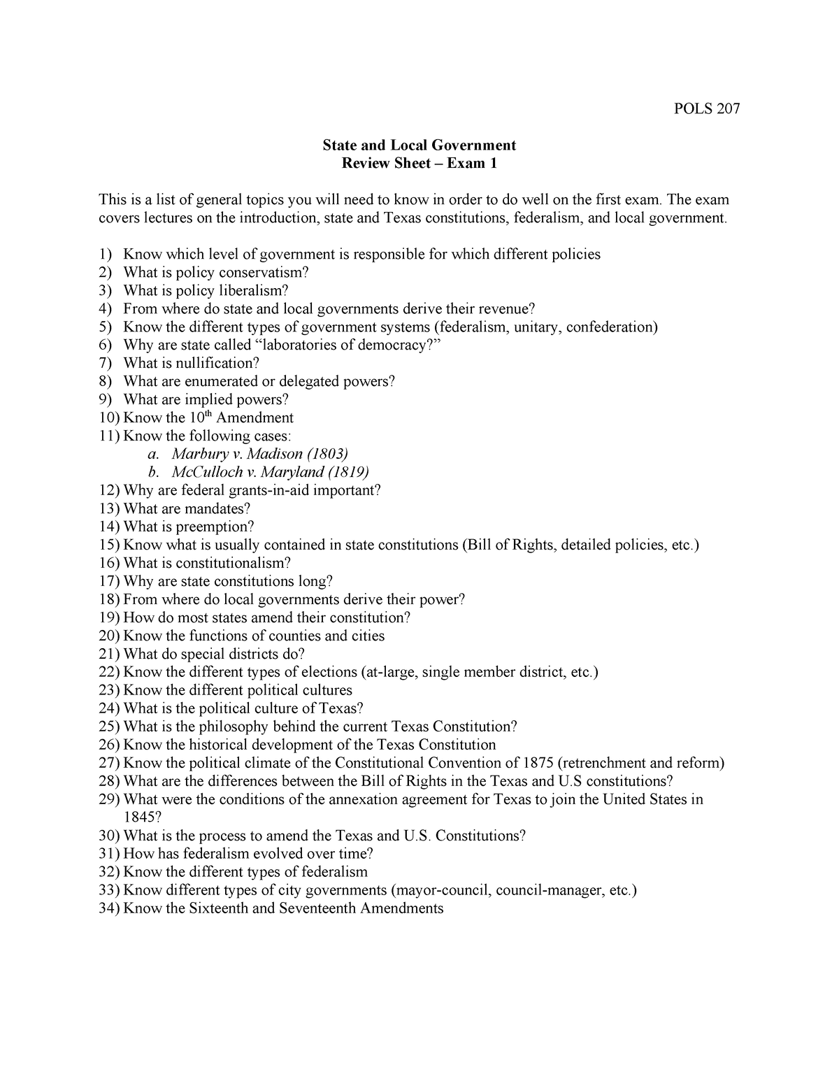 POLS207 Review Sheet 1 Spring 2024 POLS 207 State and Local