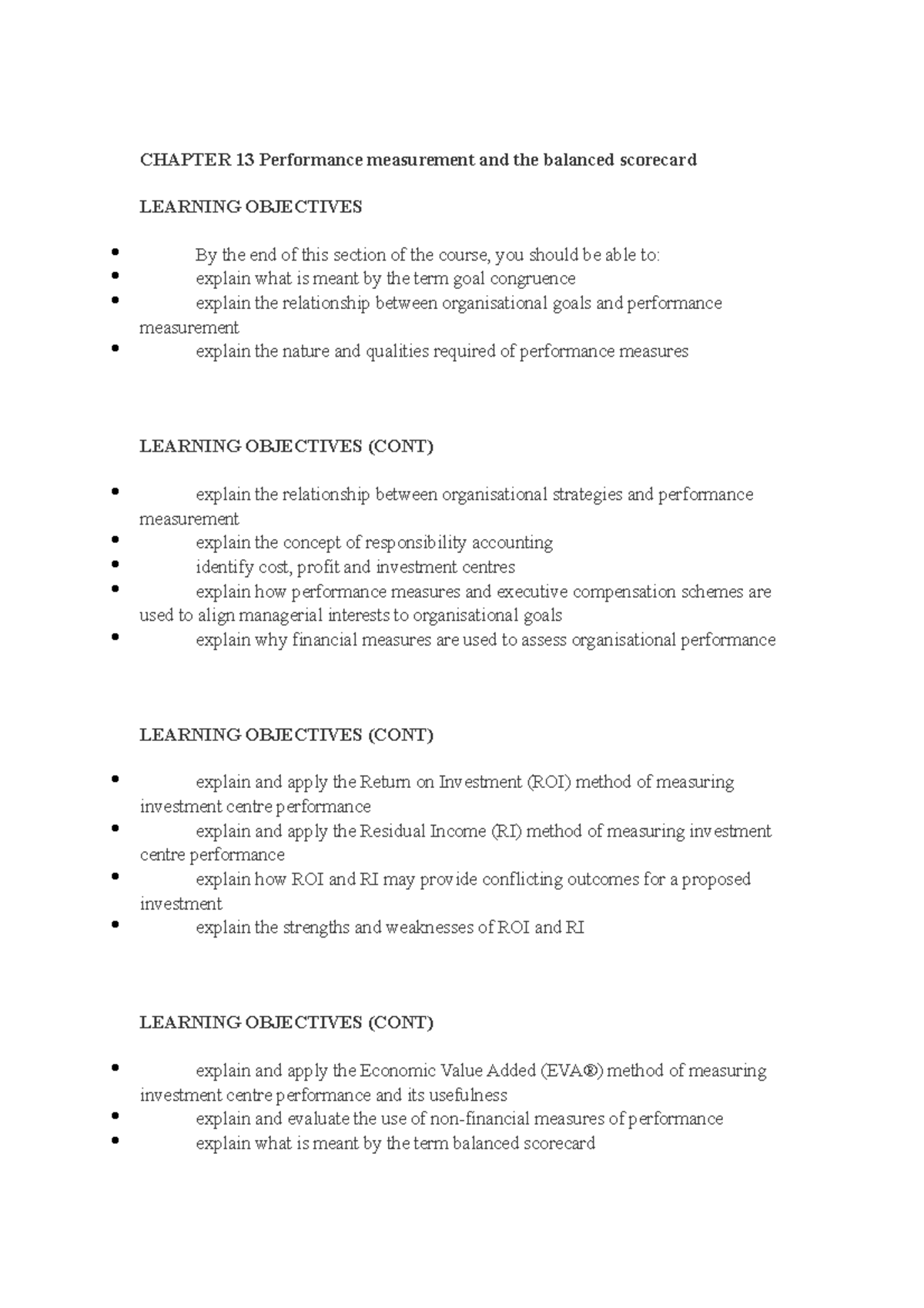 BFA582 lecture notes - chapter 13 - CHAPTER 13 Performance measurement ...