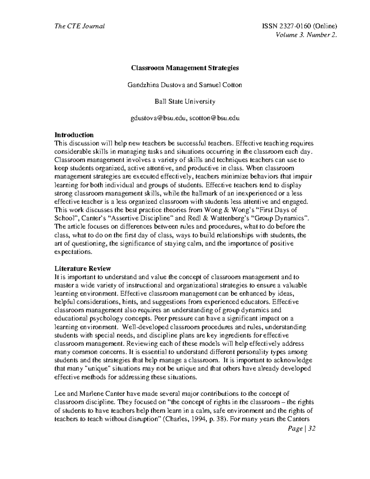 Classroom Management Strategies - Volume 3. Number 2. Classroom ...