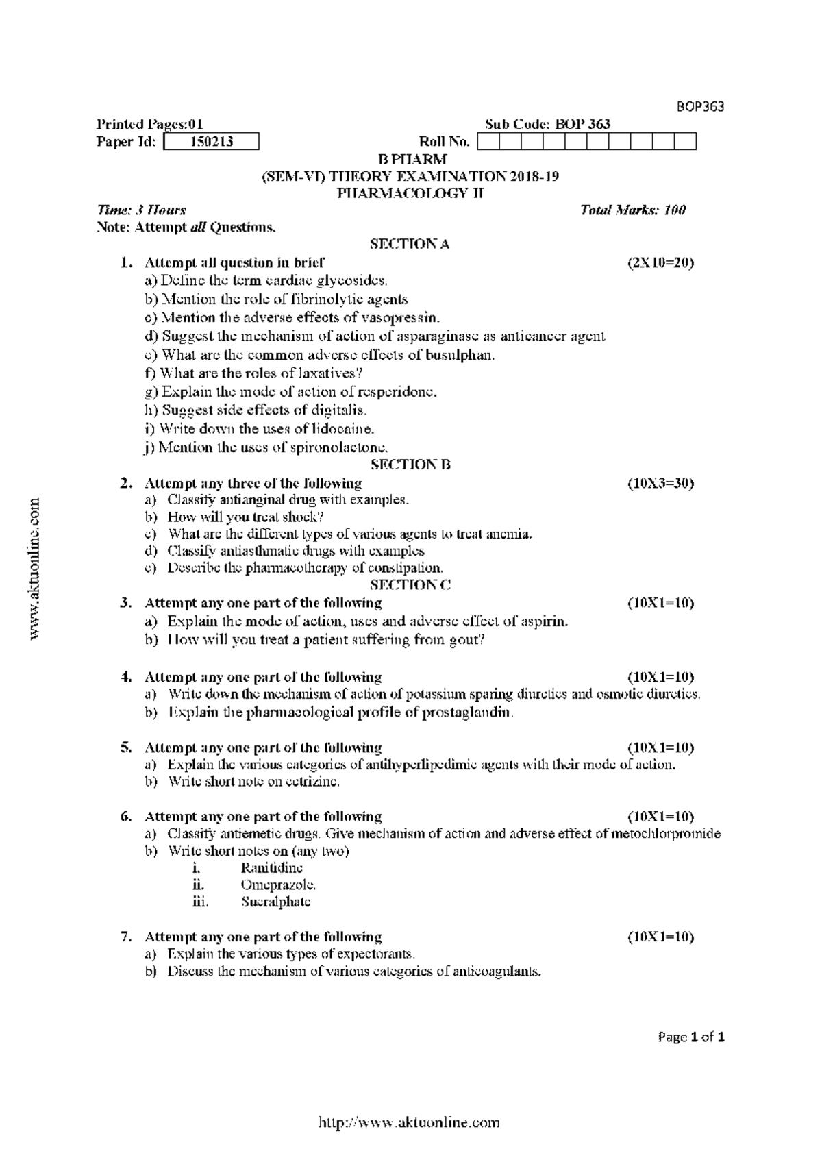 Bpharm 6 sem pharmacology 2 bop363 2019 - BOP363 Printed Pages: 01 Sub ...