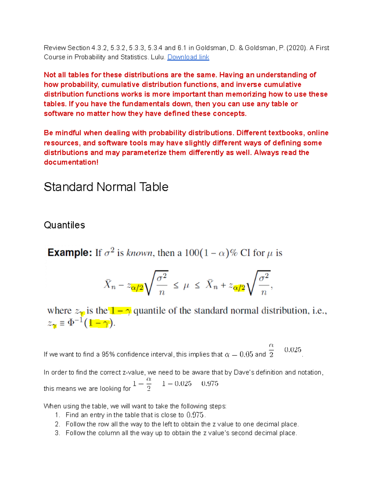 How to use the Normal t Chi2 Tables - Review Section 4.3, 5.3, 5.3, 5.3 ...