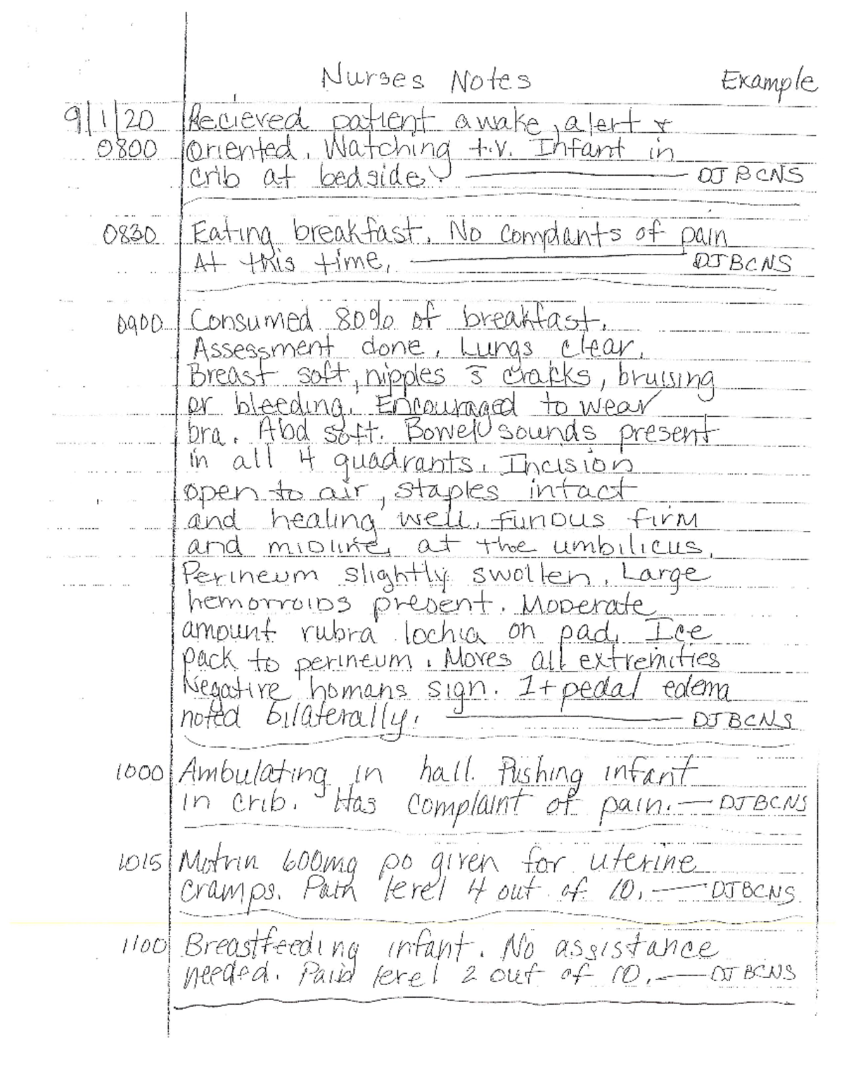Nurses notes - Infant in crib at bedside DJ BCNS 0830 Eating breakfast ...